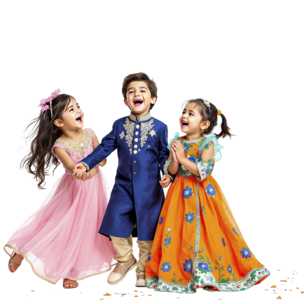 Three children in colorful dresses standing together png