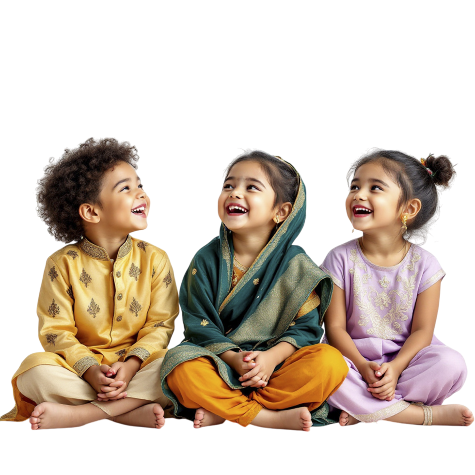 Three children in colorful clothing sitting on the ground png
