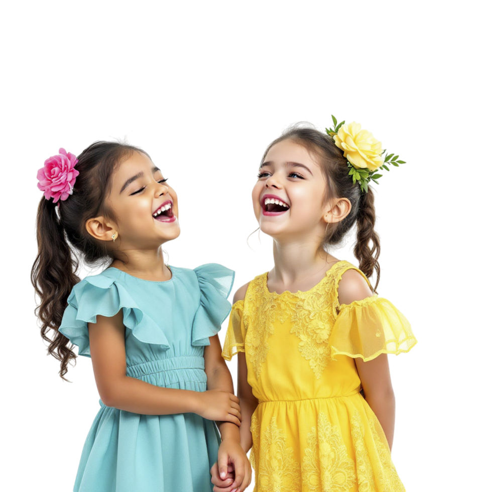 Two little girls in colorful dresses laughing png