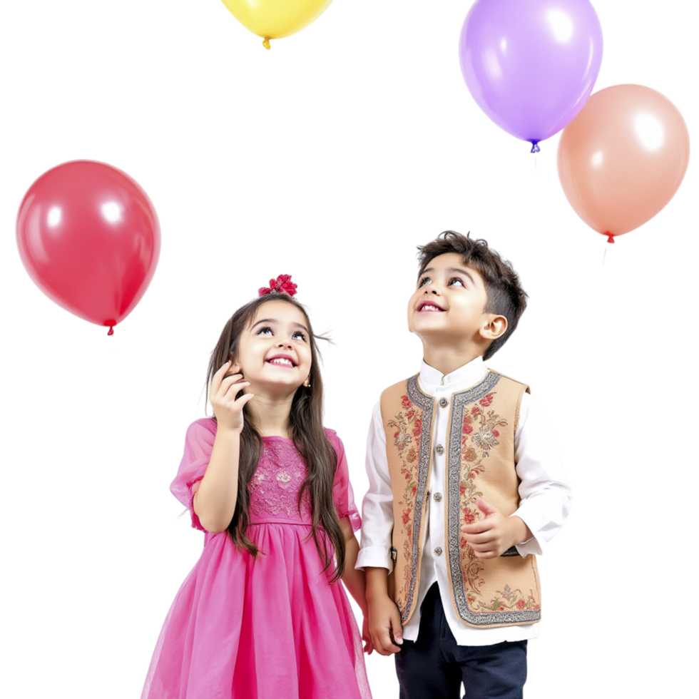 Two children in pink dresses and colorful balloons png