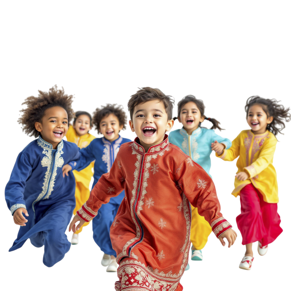 A group of children in colorful clothing running together png