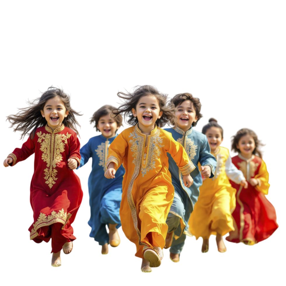 A group of children running in colorful outfits png