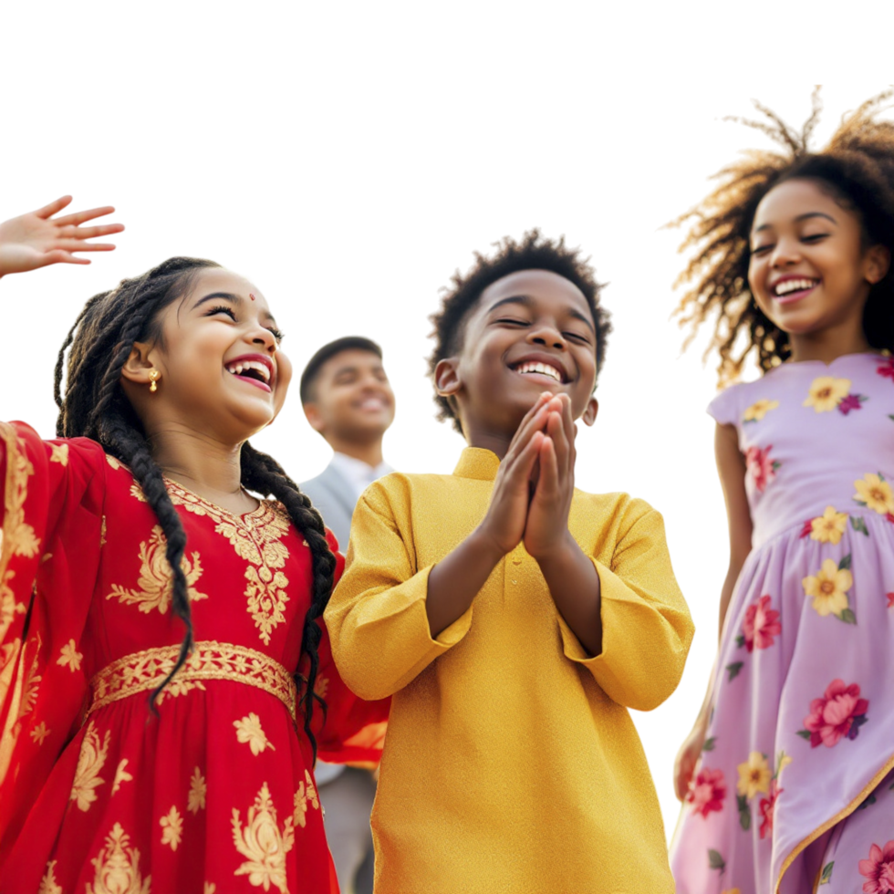 Children in colorful clothing and one holding a phone png