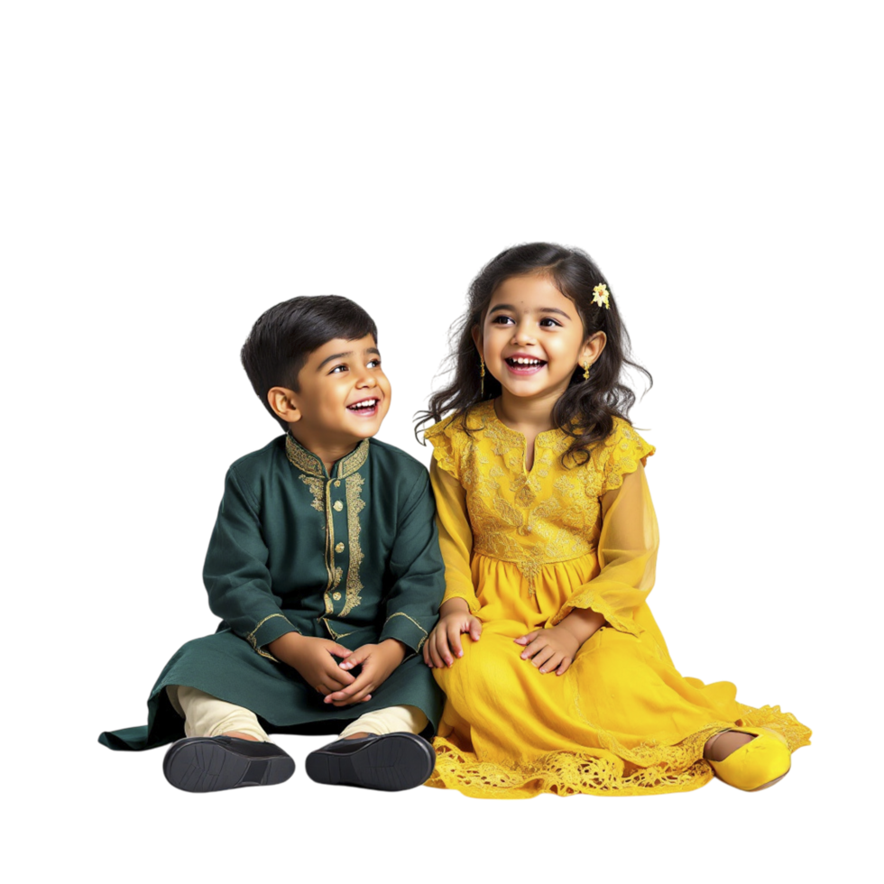Two children in yellow and green outfits sitting on the floor png