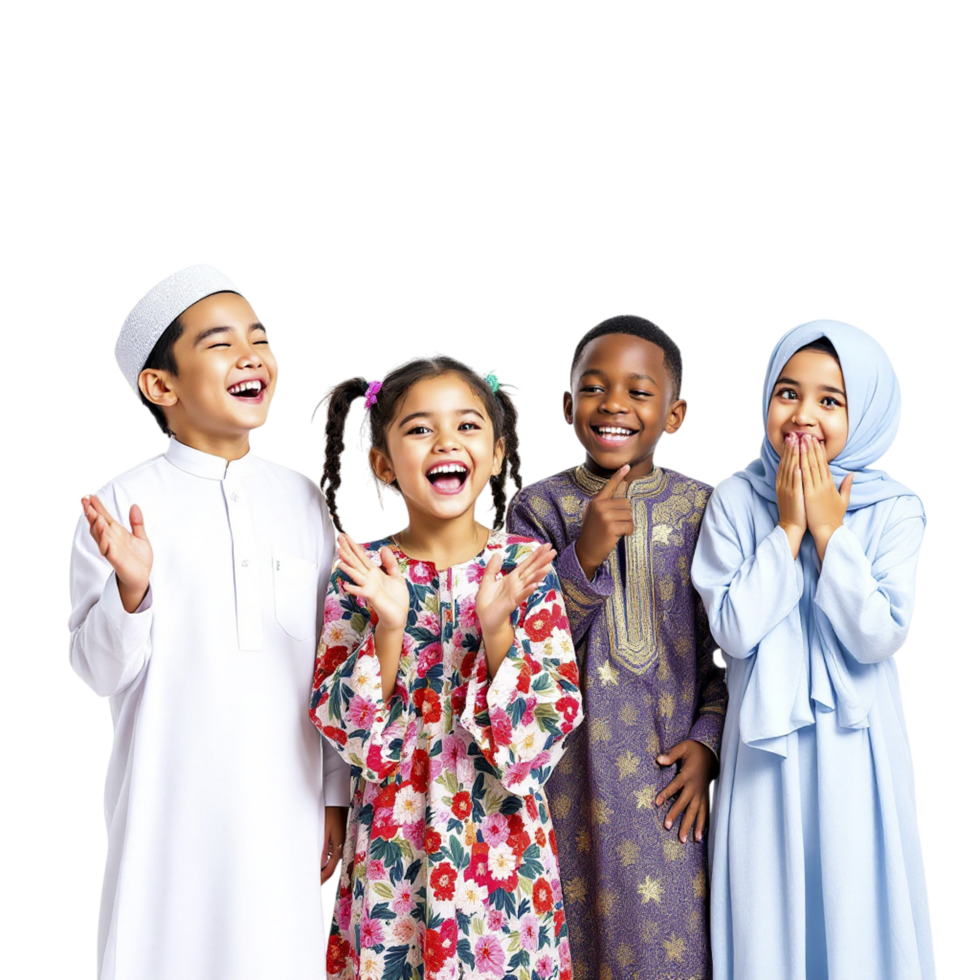 Four children in traditional clothing are laughing png