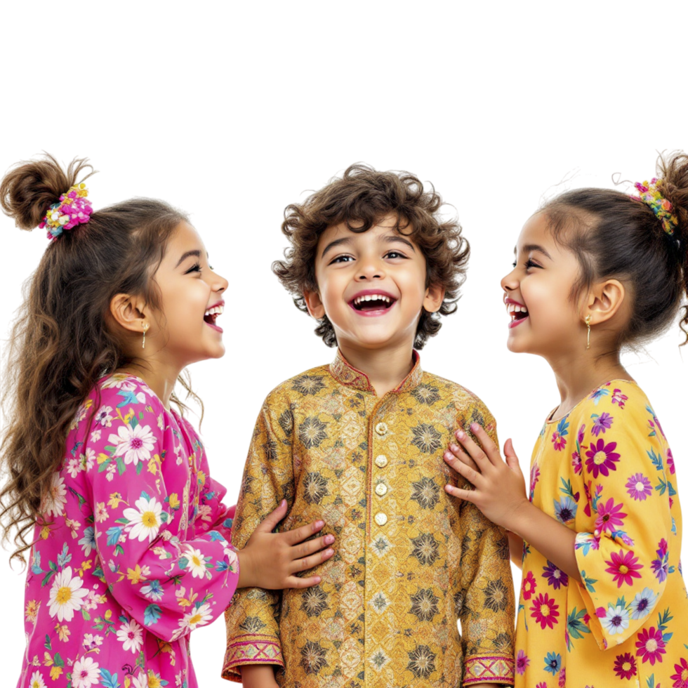 Three children laughing and smiling in colorful clothing png