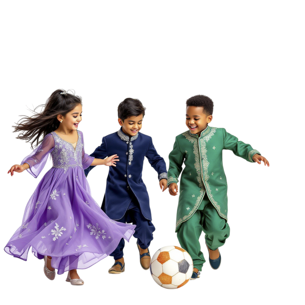 Three children in traditional indian clothing playing with a soccer ball png