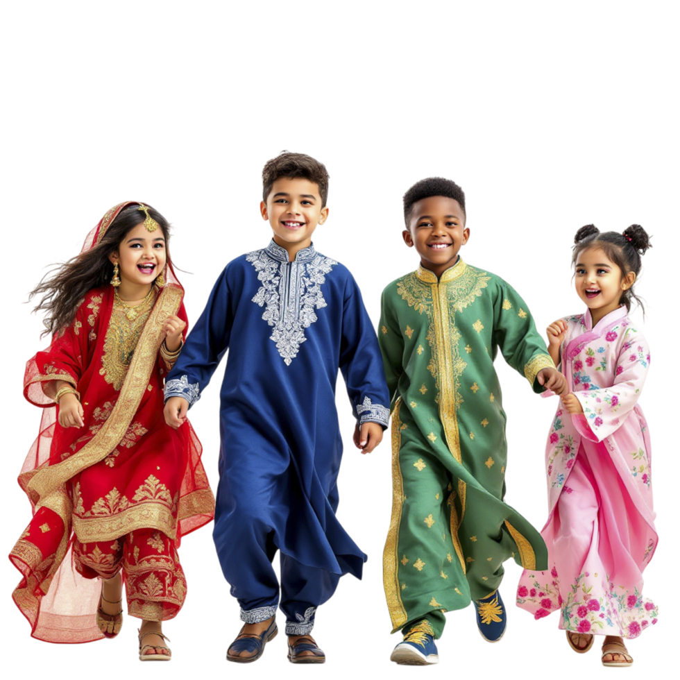 Four children in traditional clothing are running together png