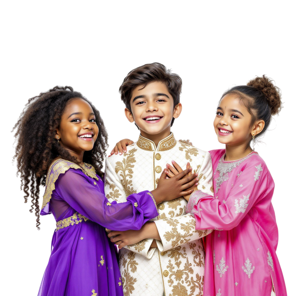 Three children in traditional clothing posing for the camera png