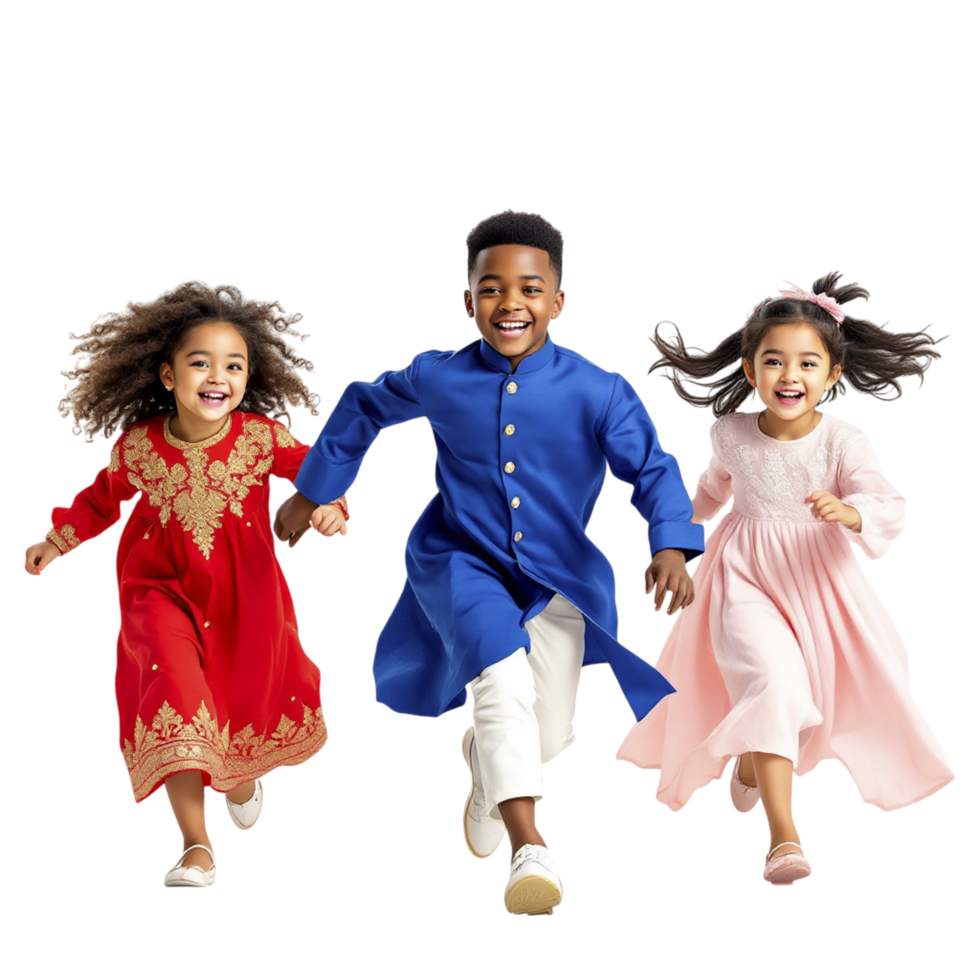 Three children in colorful clothing running together png