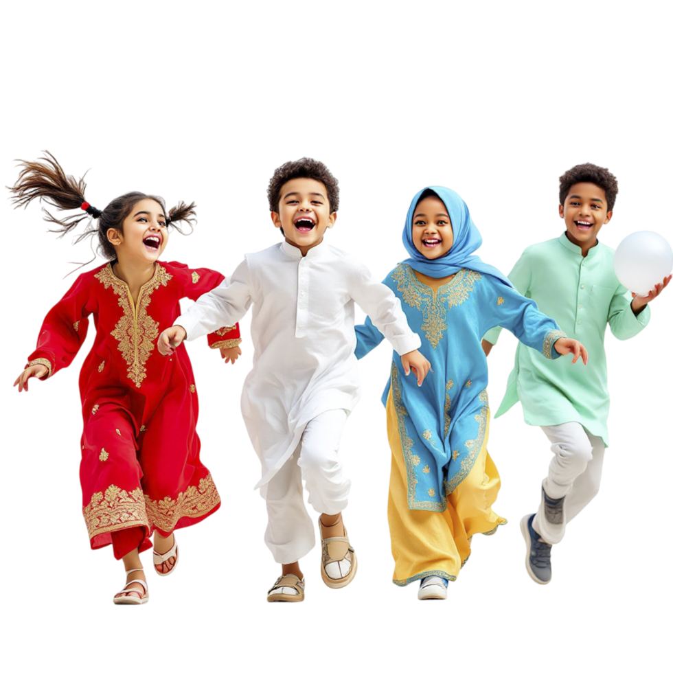 Four children in traditional clothing are running together png
