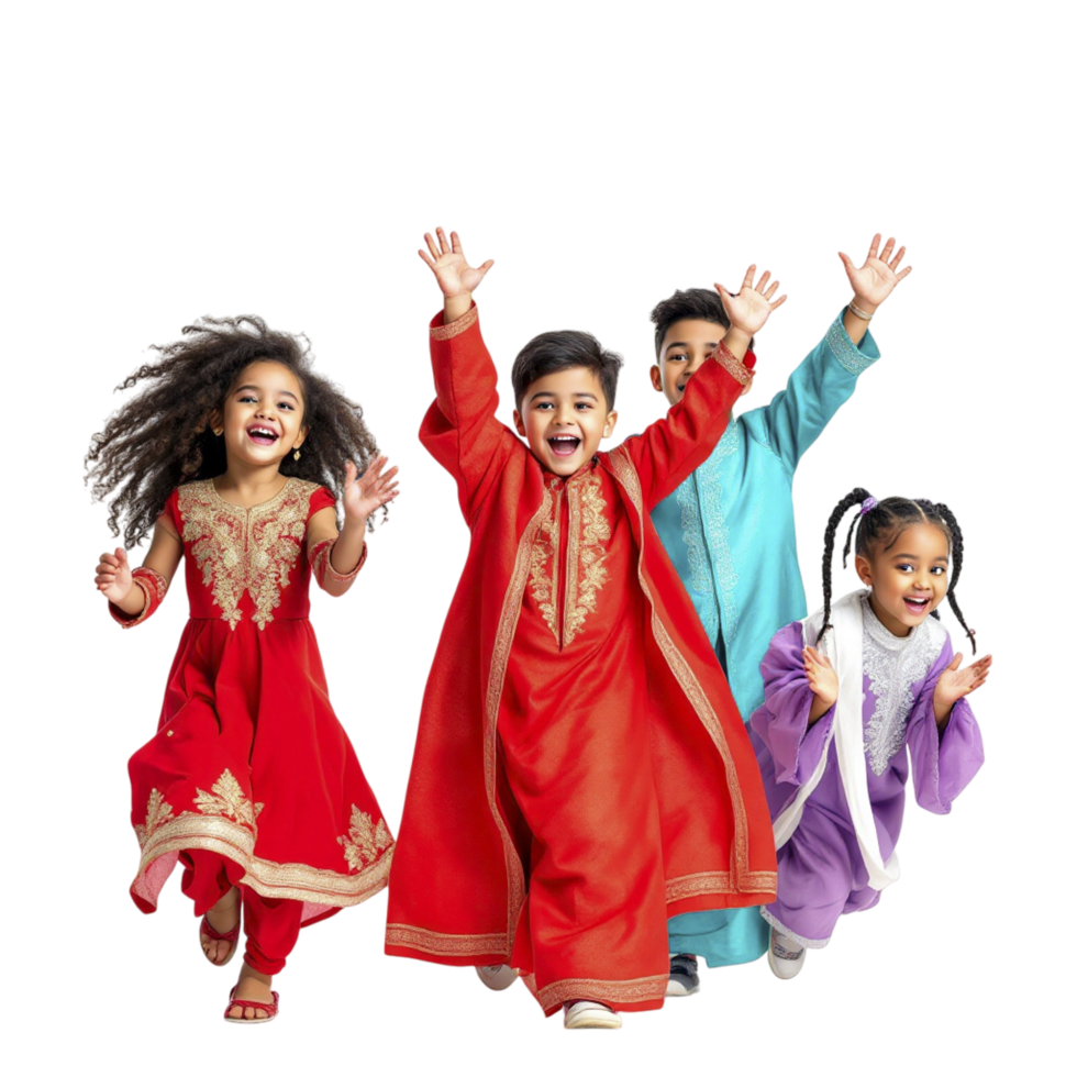 Four children in colorful clothing are running together png
