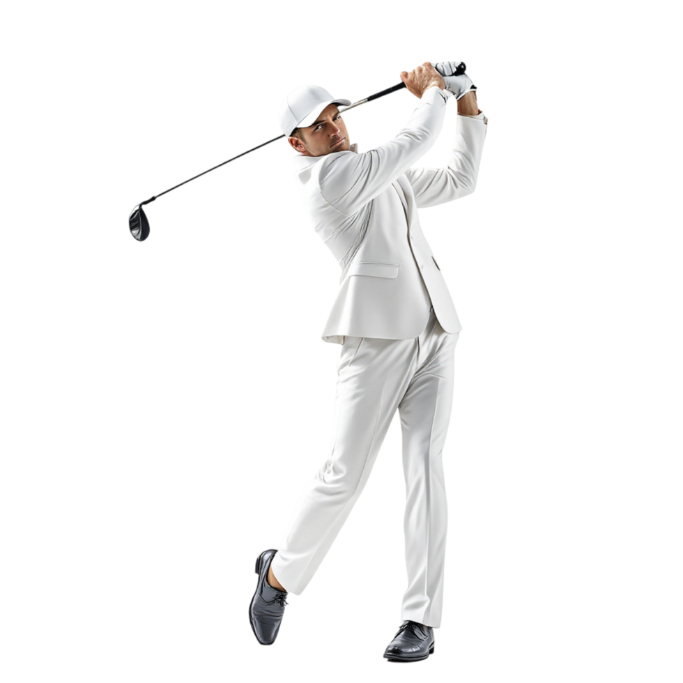 A man in a white suit and tie is swinging a golf club png