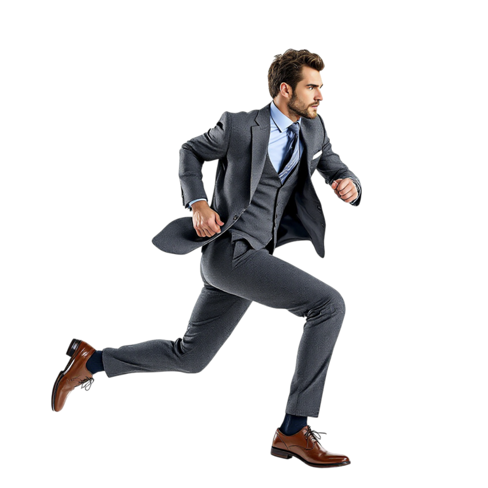 A man in a suit is running in a black background png