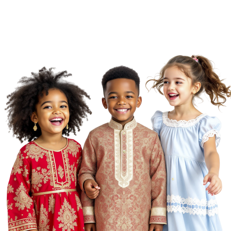 Three children in traditional clothing pose for a picture png