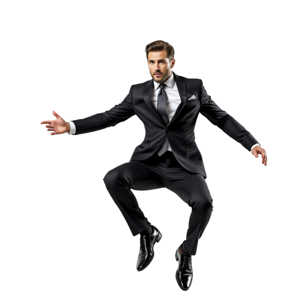 A man in a suit jumping in the air png