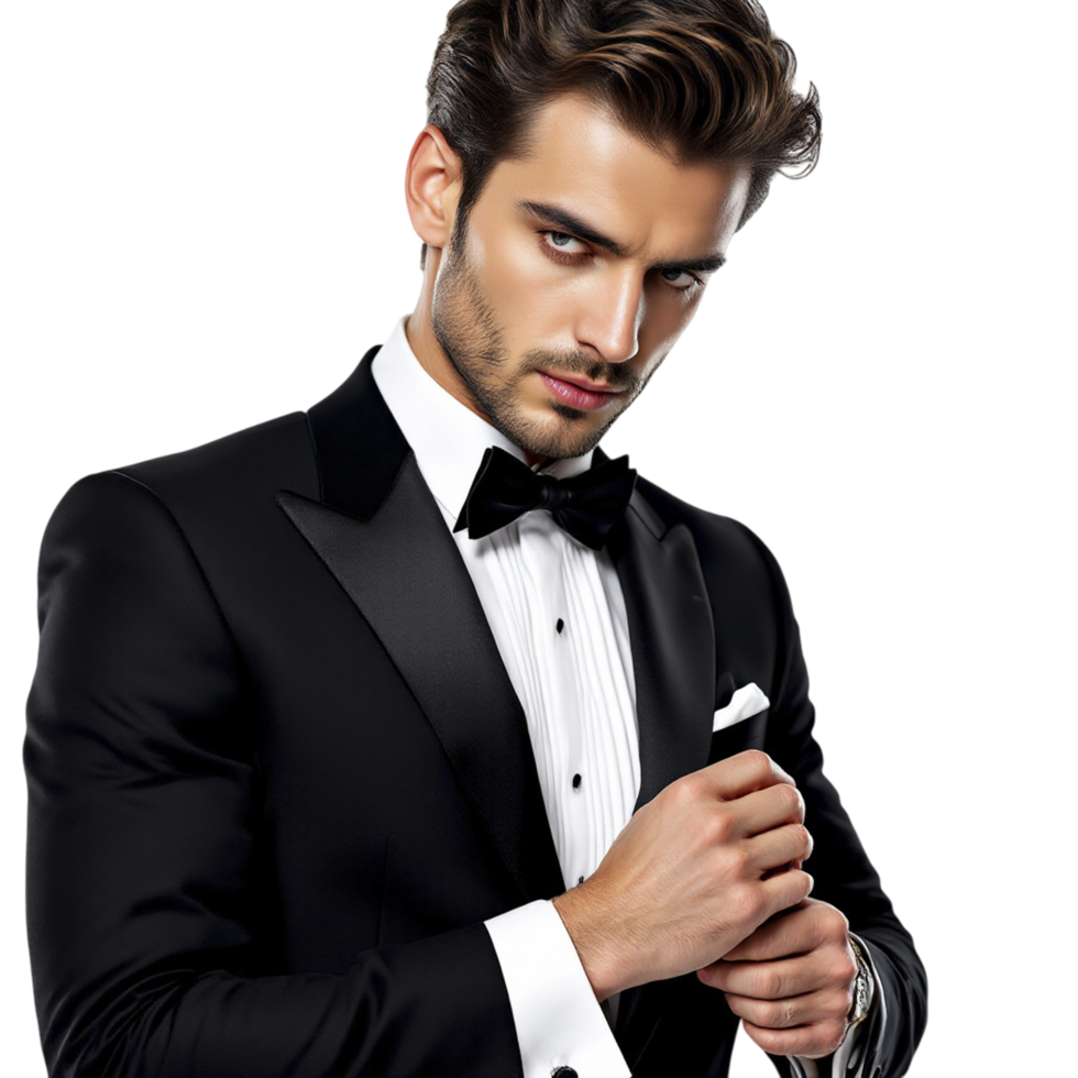 A man in a tuxedo with a bow tie png