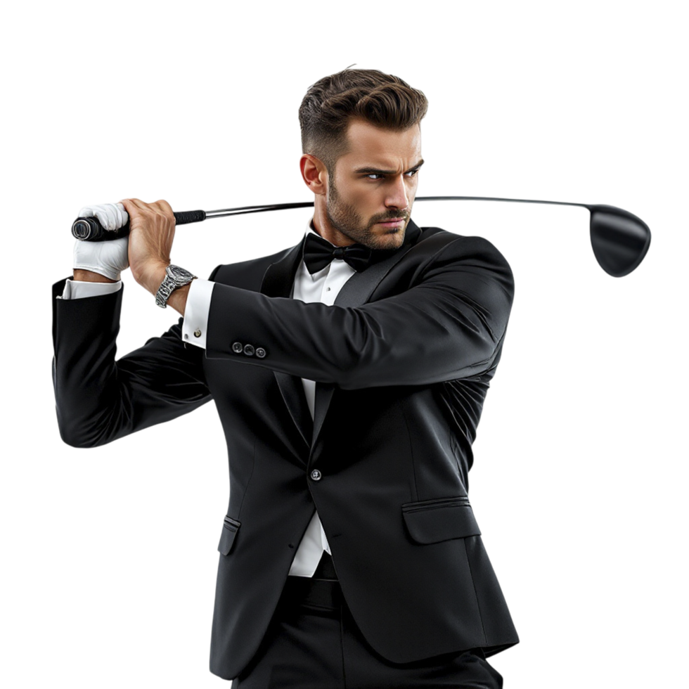 A man in a tuxedo holding a golf club png