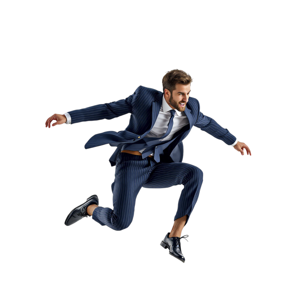 A man in a suit is jumping in the air png