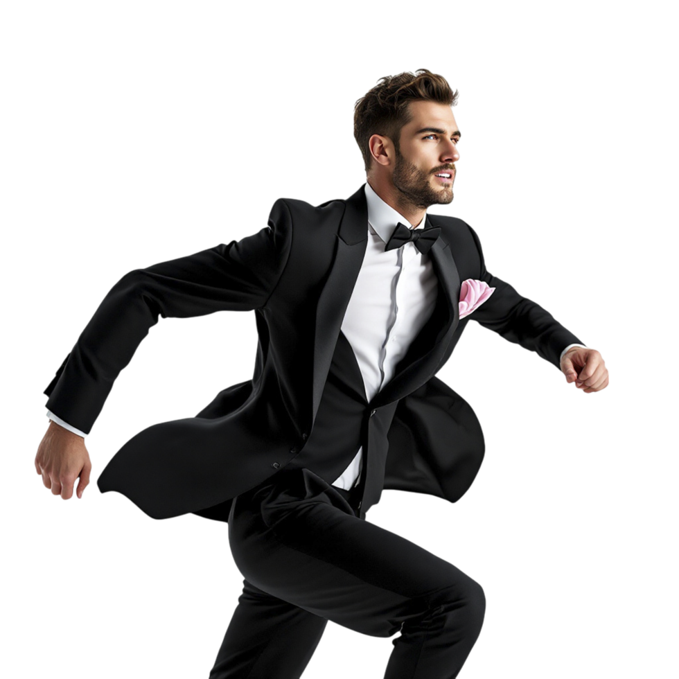 A man in a tuxedo running in a black background png