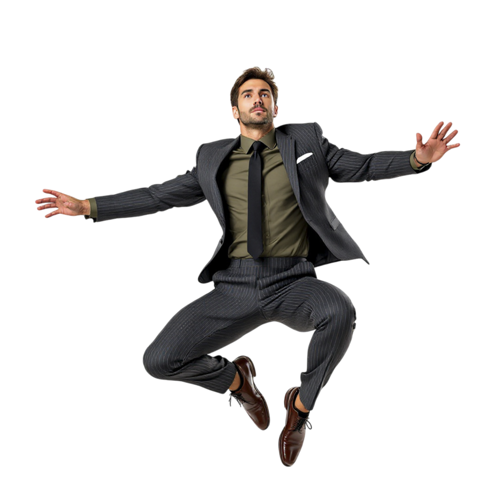 A man in a suit and tie jumping in the air png