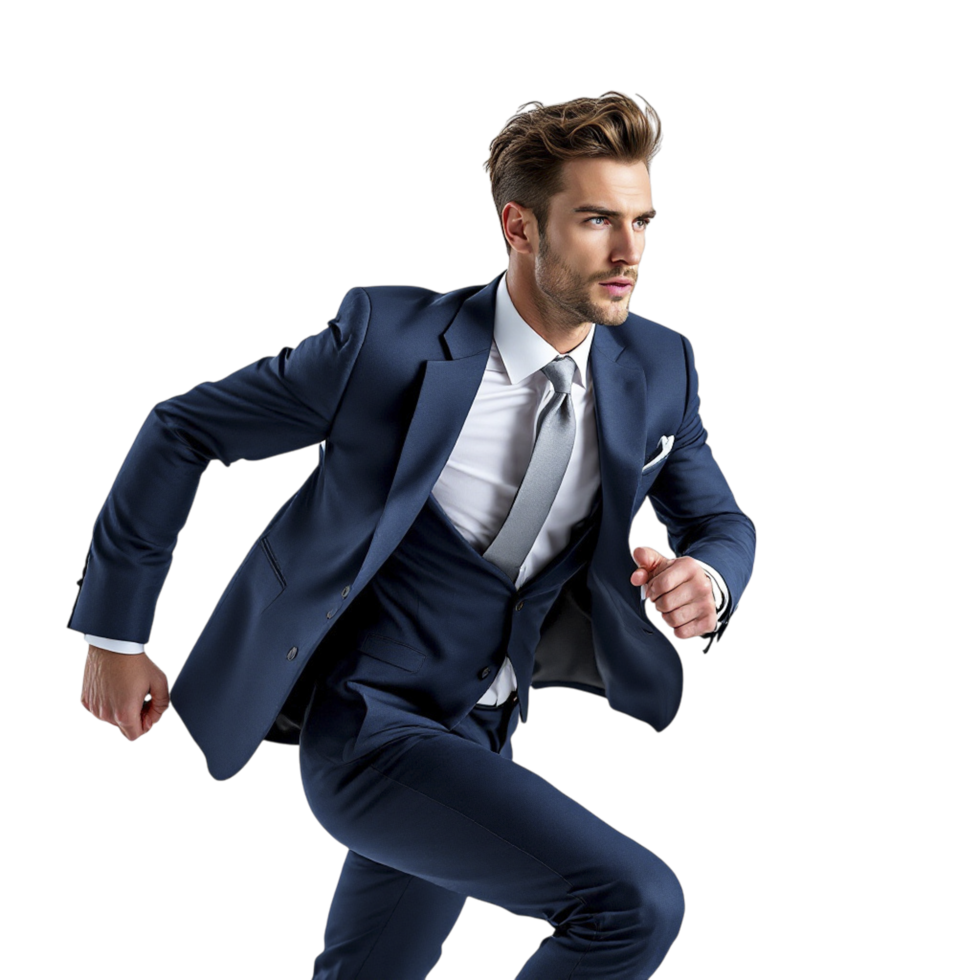 A man in a suit running on a black background png