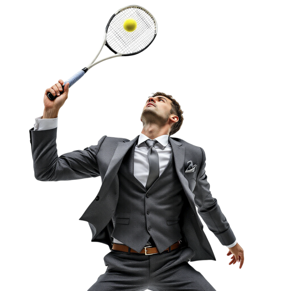 A man in a suit is holding a tennis racket png