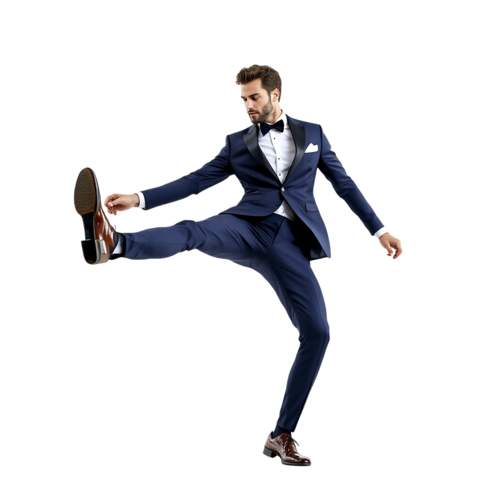 A man in a tuxedo is kicking his leg up png
