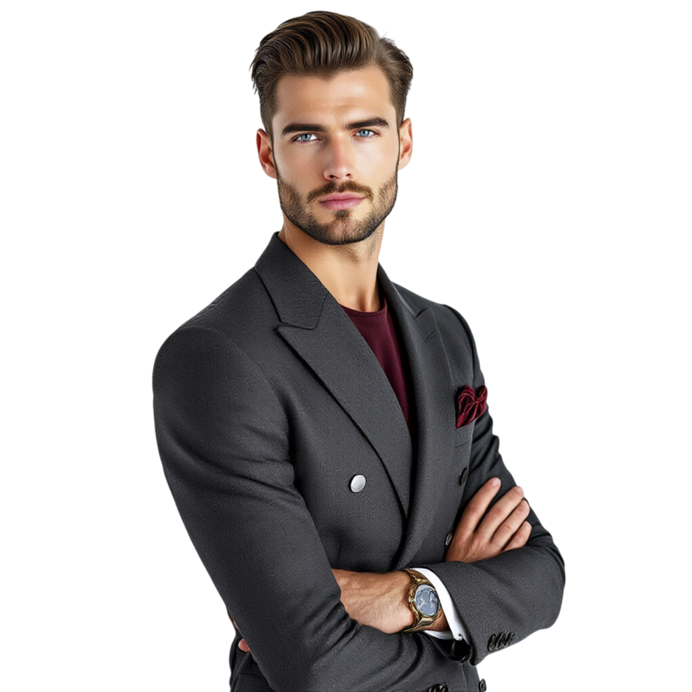 A man in a suit and tie standing with his arms crossed png
