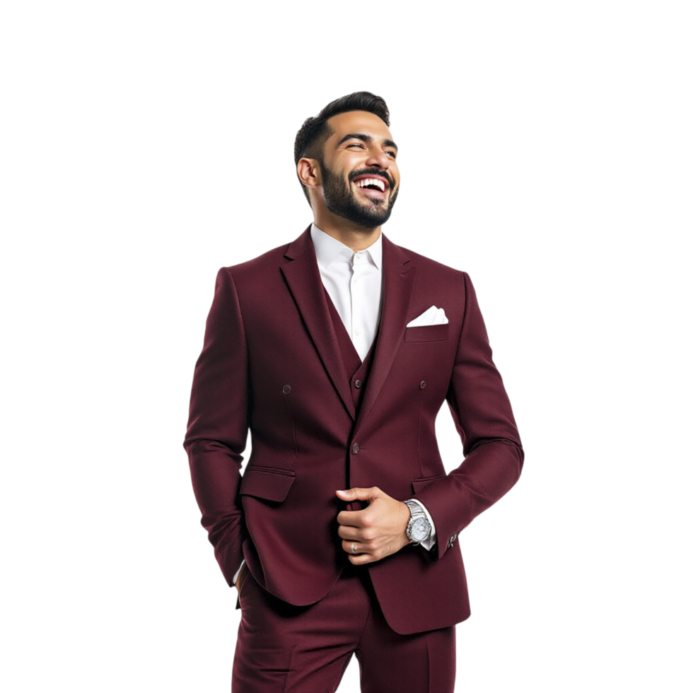 A man in a burgundy suit is smiling png