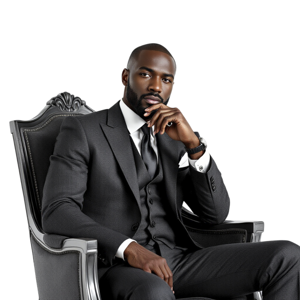 A black man in a suit sitting in a chair png