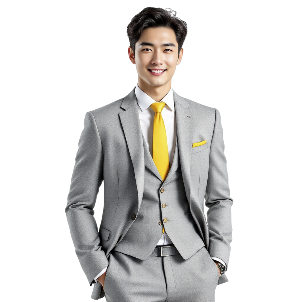 A young man in a grey suit and yellow tie png