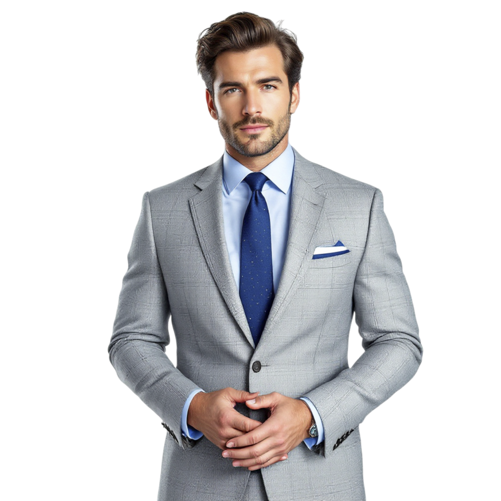 A man in a grey suit and blue tie png