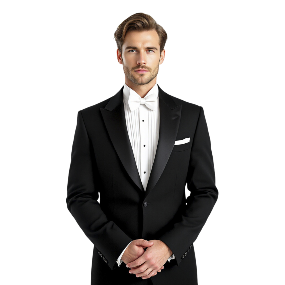 A man in a tuxedo poses for a photo png