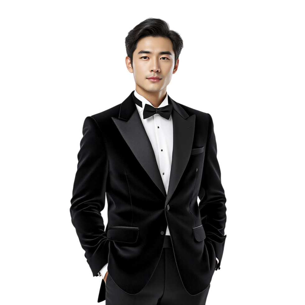 A man in a black tuxedo posing for a photo png