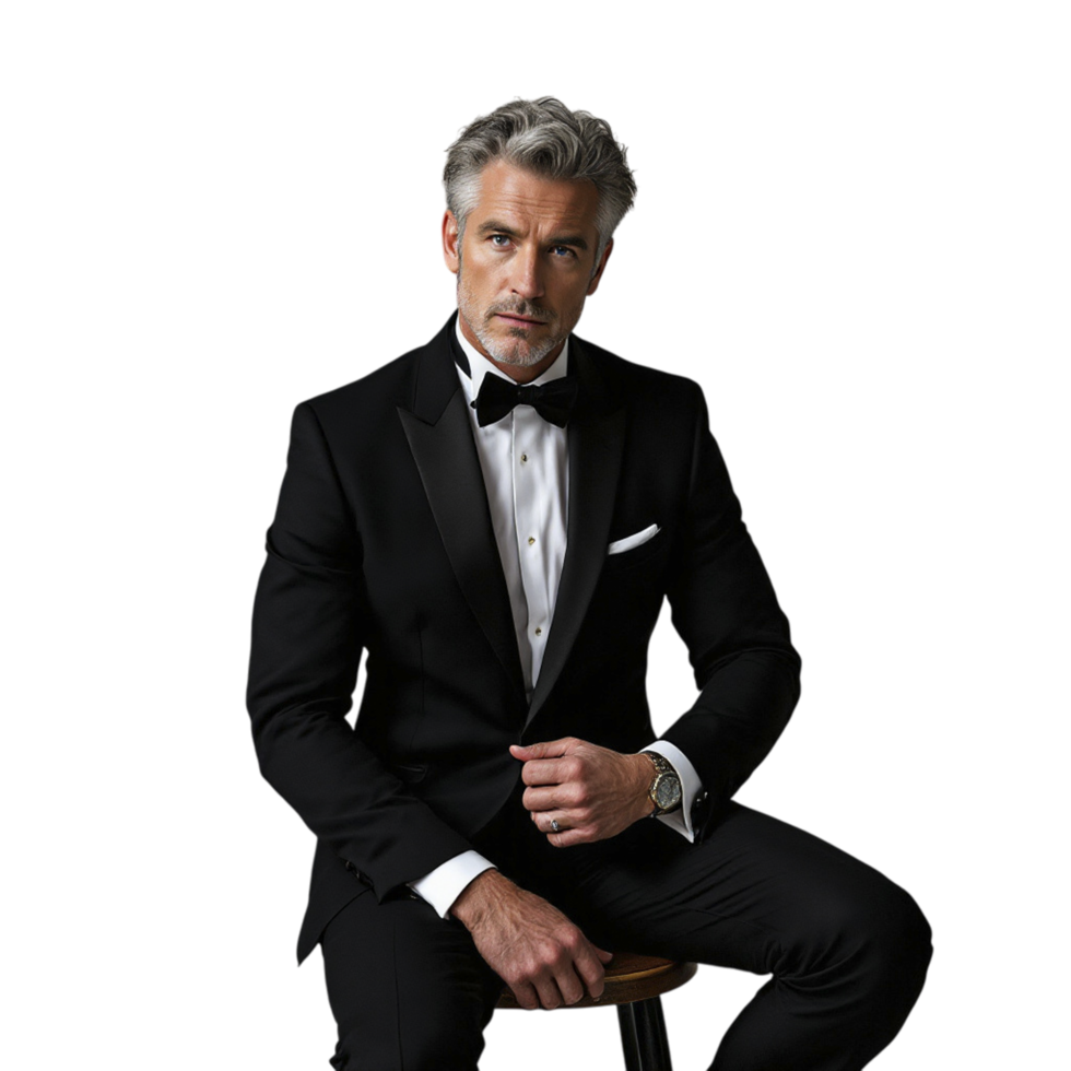 A man in a tuxedo sitting on a stool png