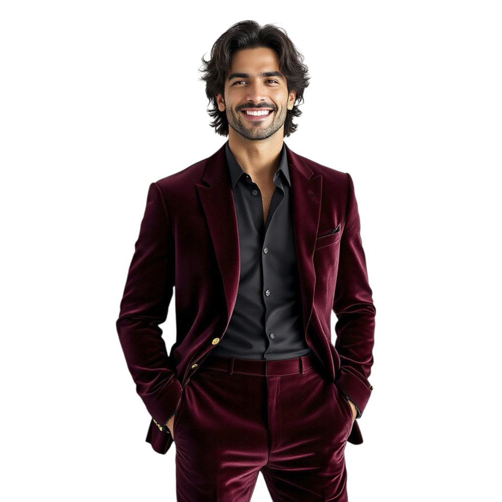 A man in a burgundy suit posing for the camera png