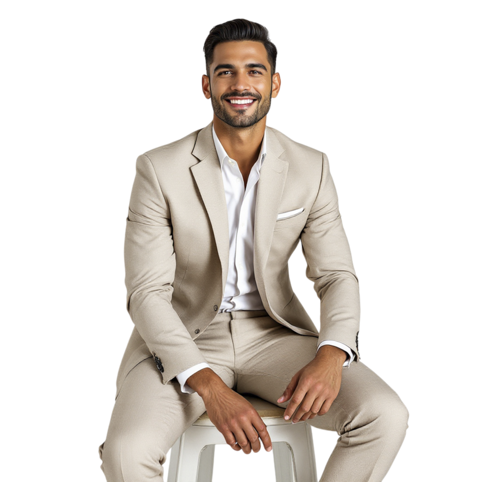 A man in a tan suit sitting on a stool png