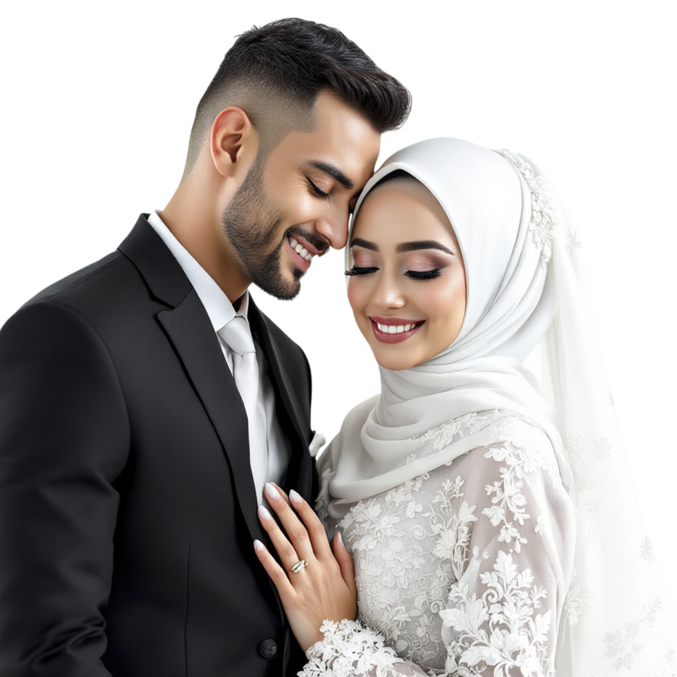 A man and woman in wedding attire are posing together png
