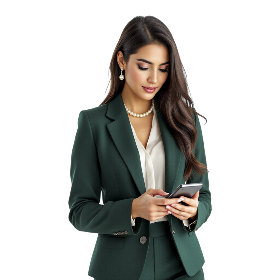 A woman in a business suit holding a cell phone png