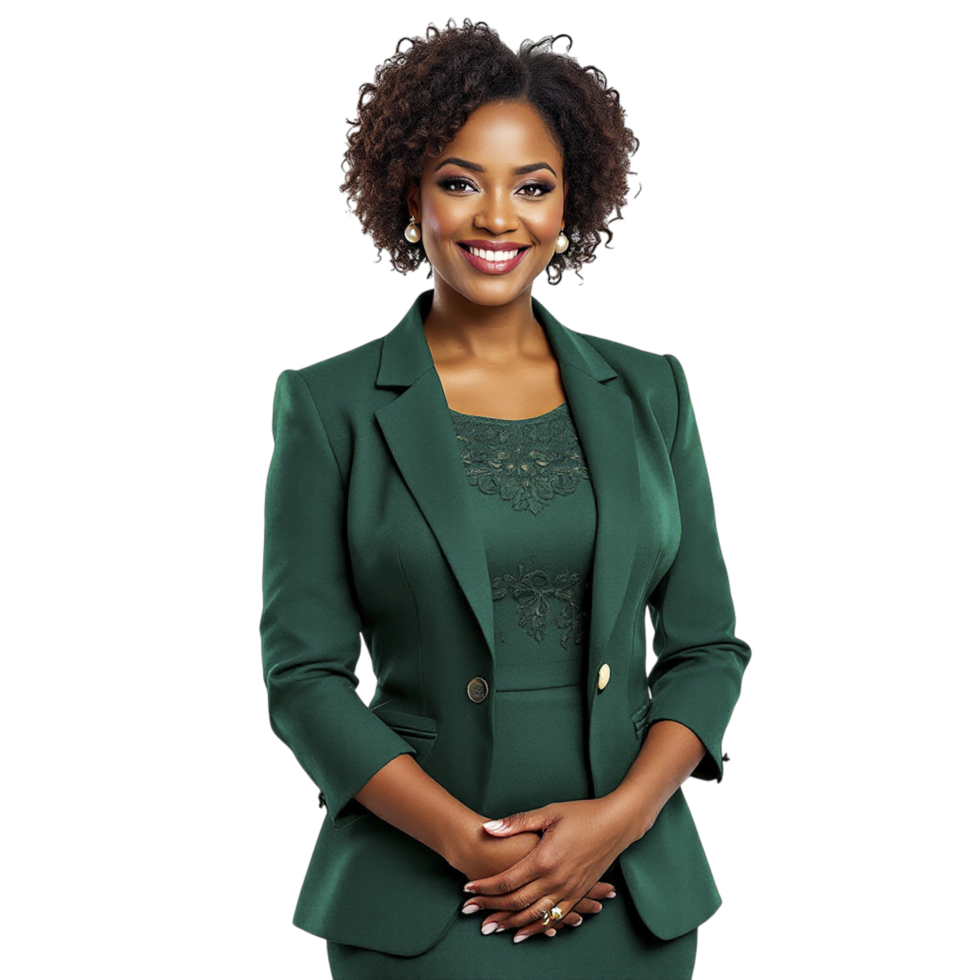 A woman in a green suit and dress png