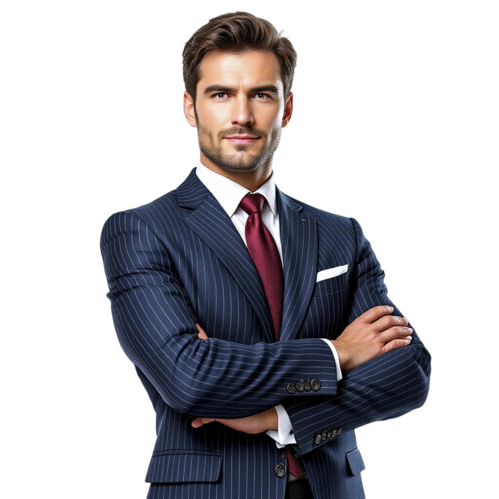 A man in a suit and tie standing with his arms crossed png