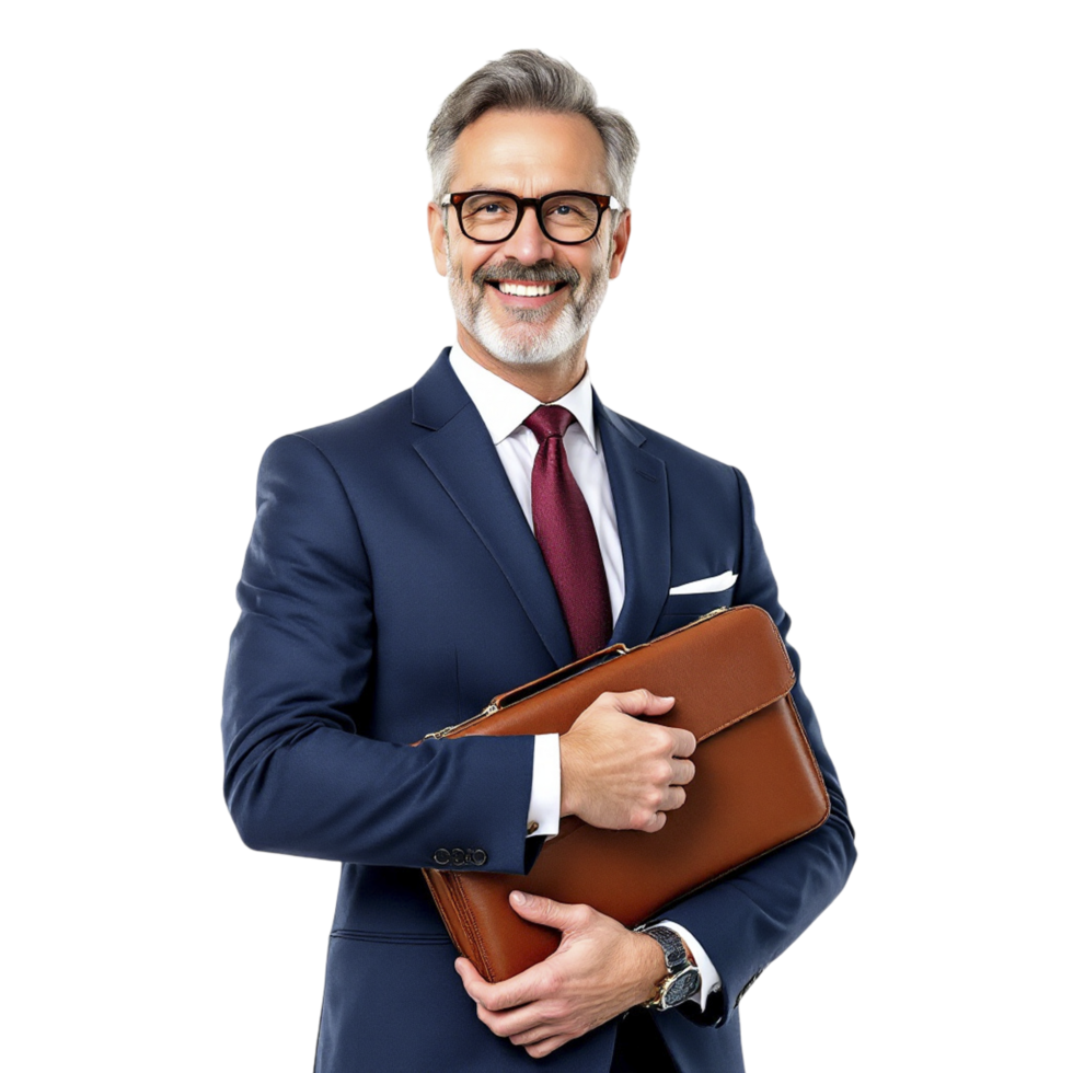 A man in a suit and glasses holding a briefcase png