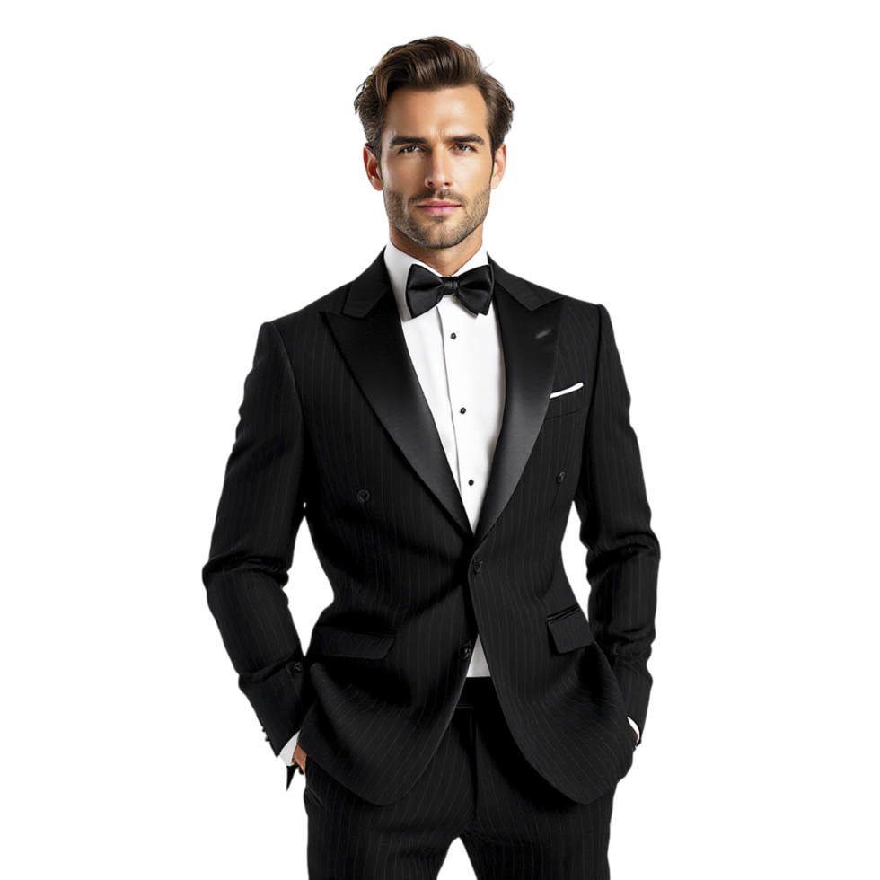 A man in a black tuxedo posing for the camera png