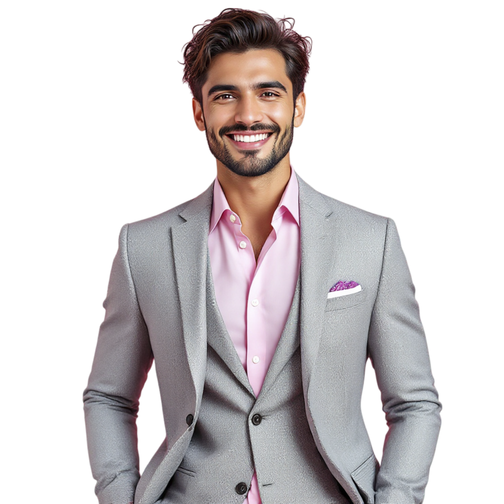 A man in a suit and pink shirt png