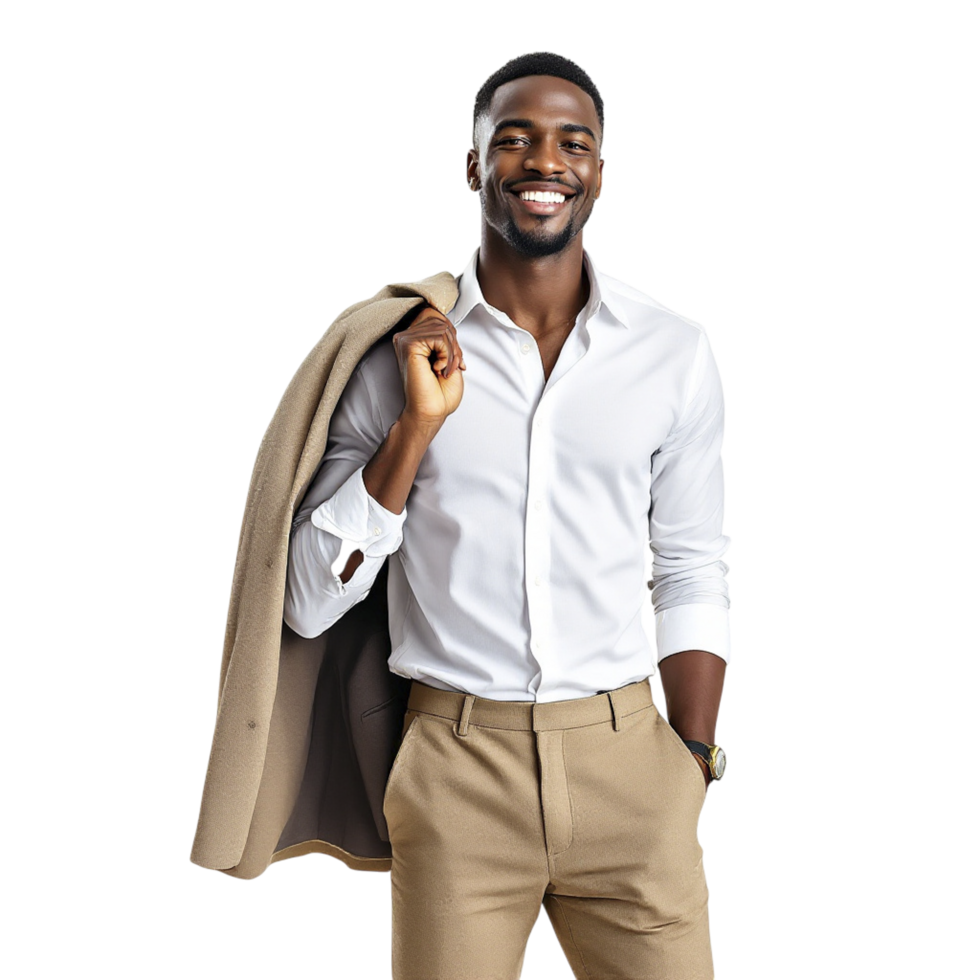 A man in a white shirt and tan pants png