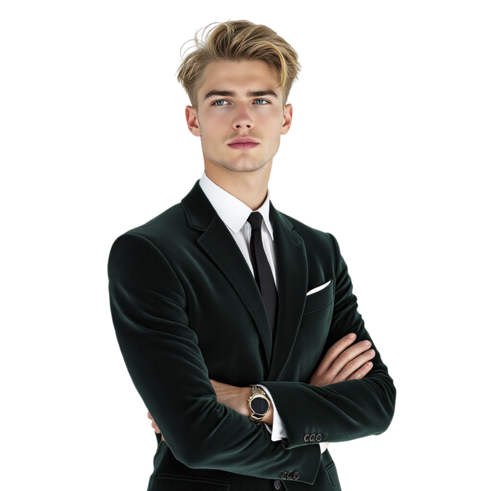 A young man in a green suit and tie png