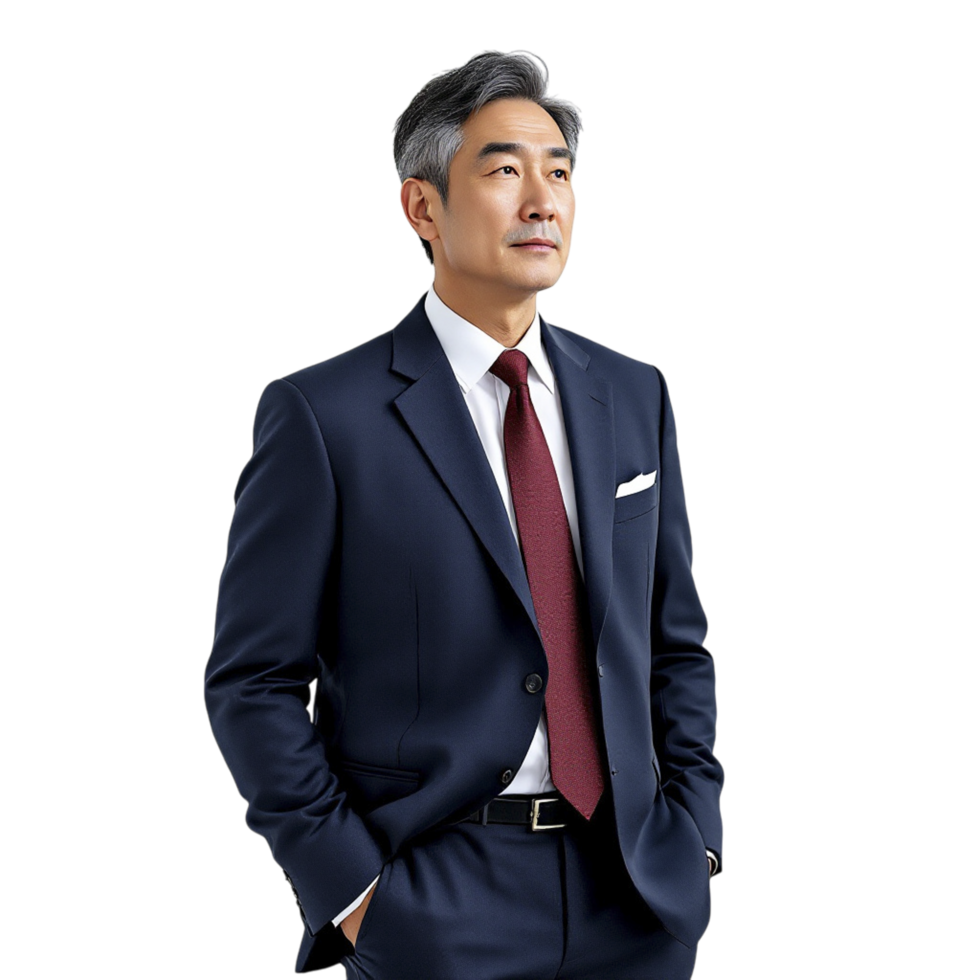 A man in a suit and tie standing with his hands on his hips png