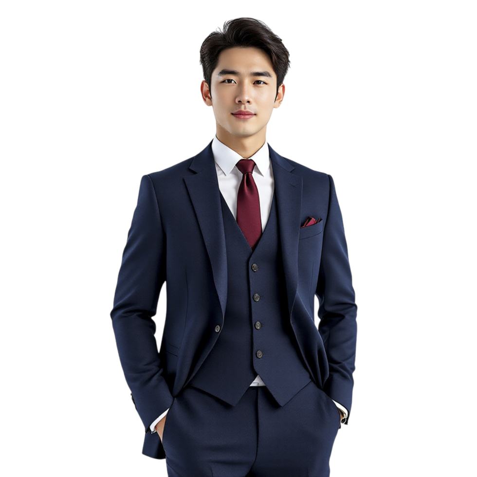 A man in a blue suit and red tie png