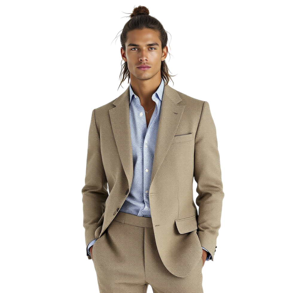 A man in a tan suit and blue shirt png